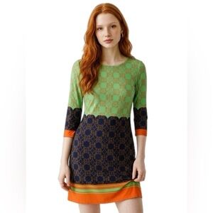 Tracy Negoshian Green & Navy Midi Dress‎ Size Small P2P 16"